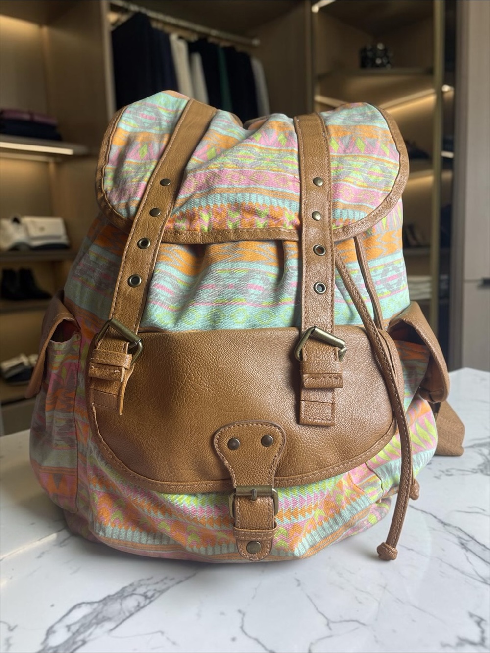 Mossimo Supply Co. Tan Leather-Trim Pastel Aztec Backpack - Picture 1 of 6